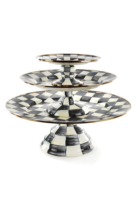 Courtly Check Set of 3 Enameled Steel Pedestal Platters