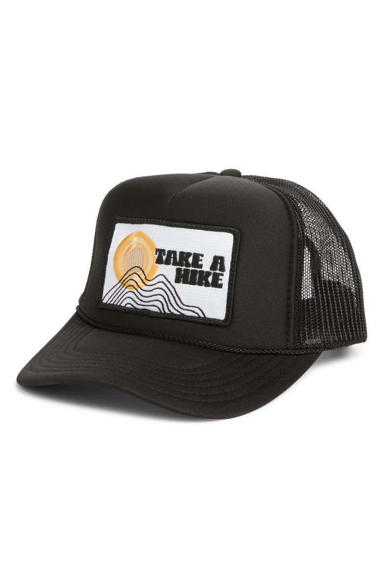 Friday Feelin’ Take a Hike Patch Trucker Hat, Main, color, Black