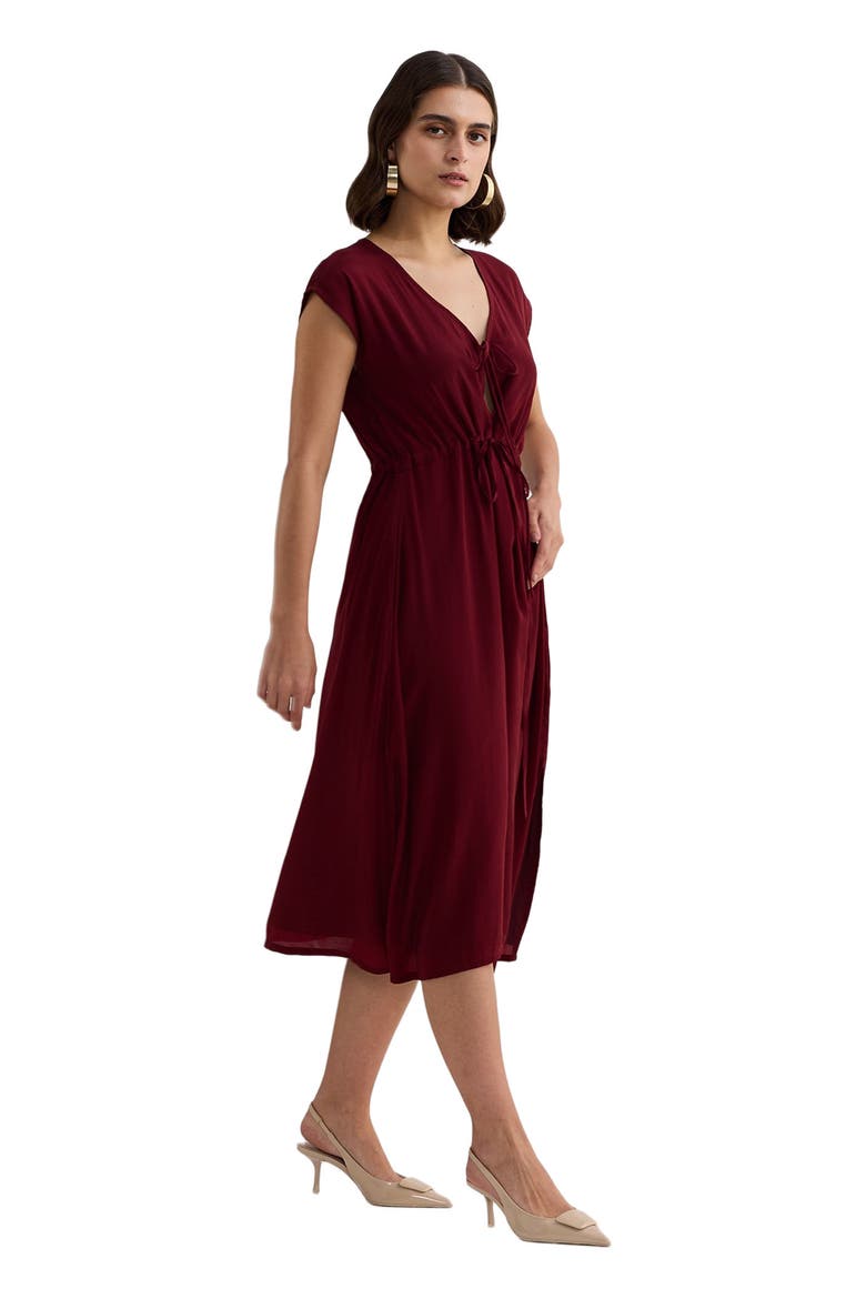 Deep V-neck Gathered Dress in Burgundy, Alternate, color, Burgundy