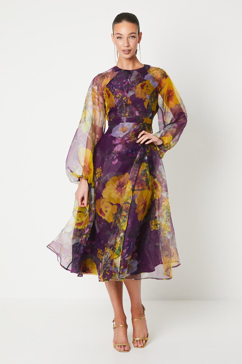 Organza Puff Sleeve Midi Dress, Main, color, Purple