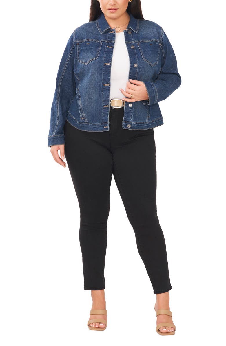 Vince Camuto Cotton Denim Trucker Jacket, Alternate, color, Mid Indigo