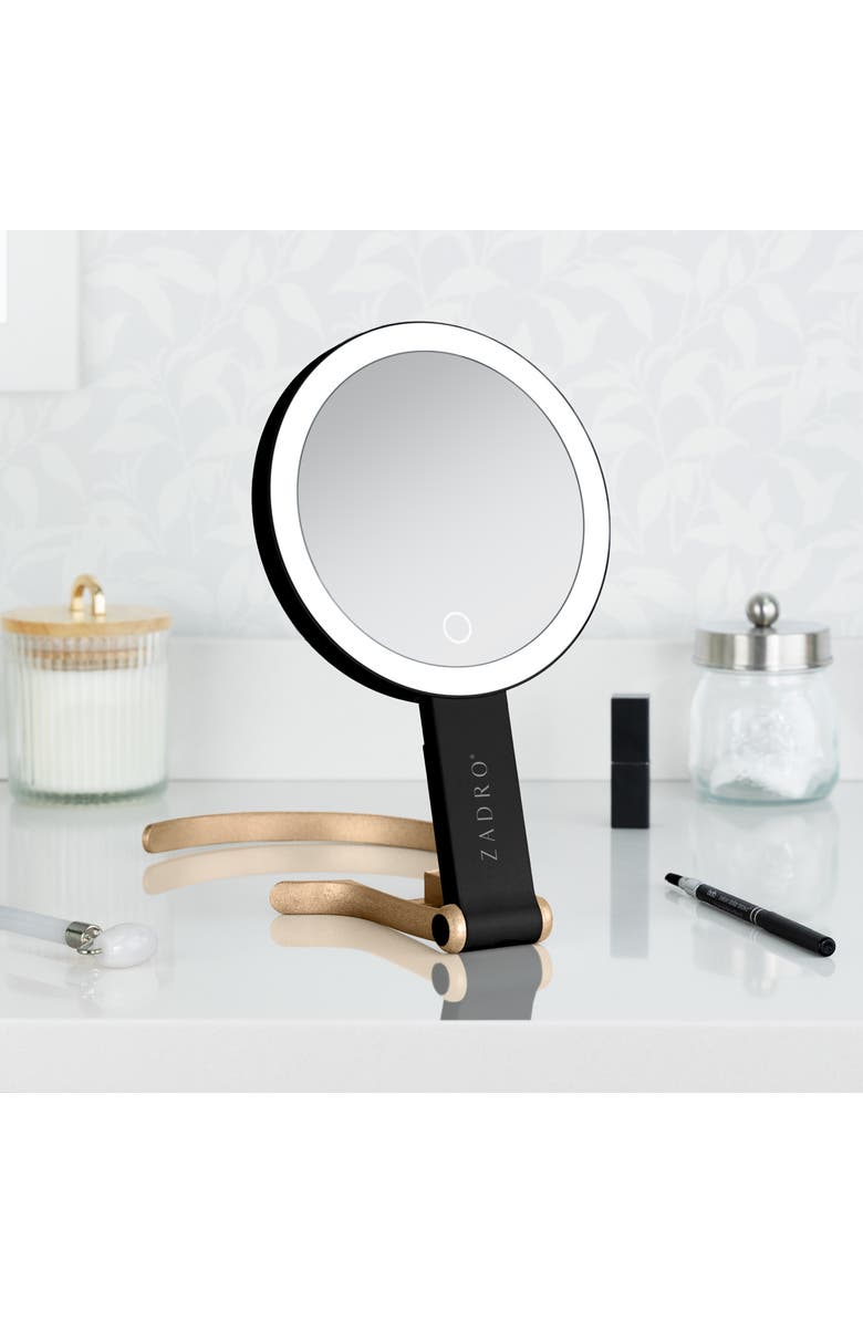 Zadro Multi-Position Lighted Travel Hand Mirror with 10X/1X Magnification, Alternate, color, Black/Gold