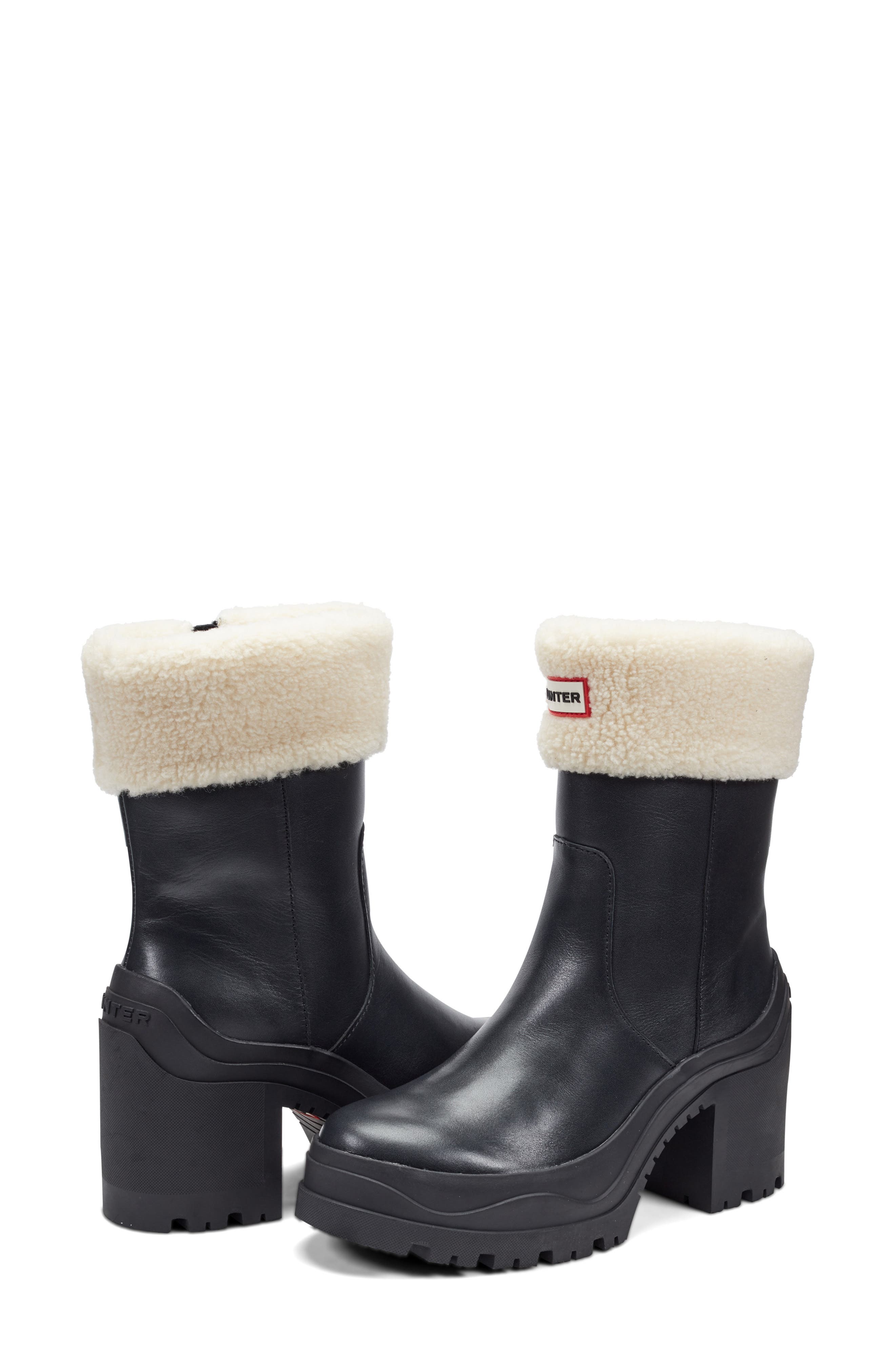 Hunter Marisol Waterproof Faux Shearling Cuff Bootie, Alternate, color, Black