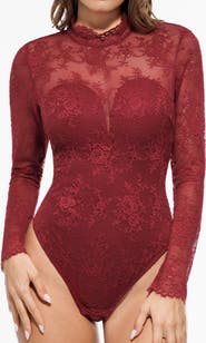 Popilush Shapewear Mock Neck Long Sleeve Floral Lace Bodysuit