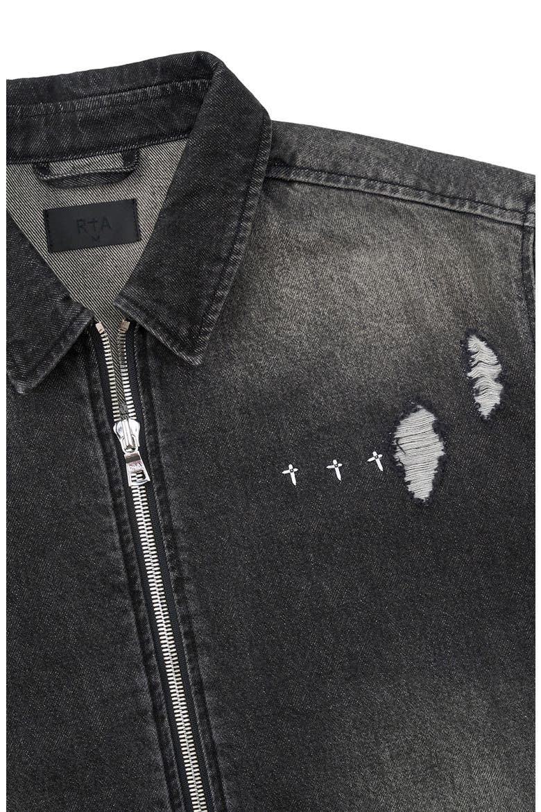 Zeno Distressed Short Sleeve Denim Zip Shirt, Alternate, color, FRAY NOIR