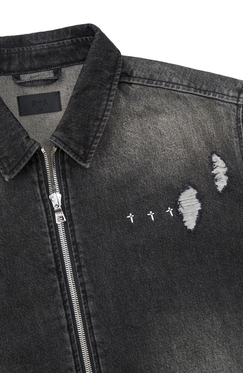 RtA Zeno Distressed Short Sleeve Denim Zip Shirt, Alternate, color, Fray Noir