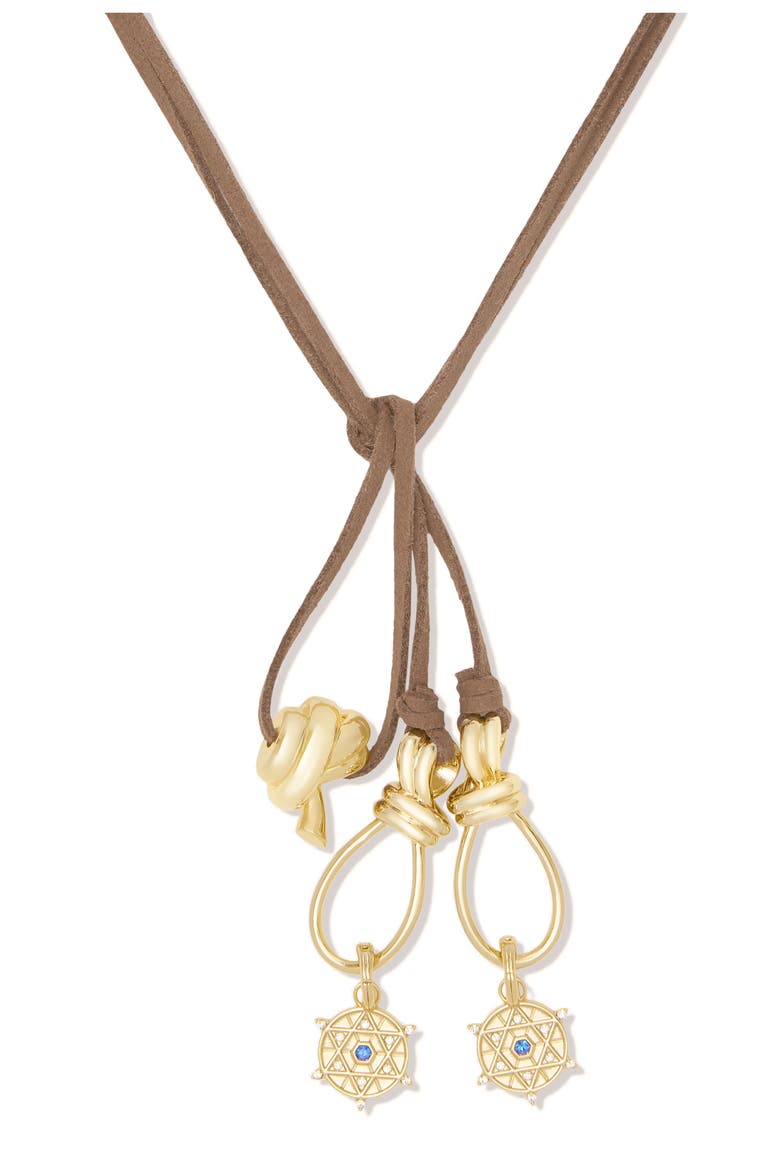Elle Cubic Zirconia Hide Rope Necklace, Alternate, color, BROWN/ GOLD