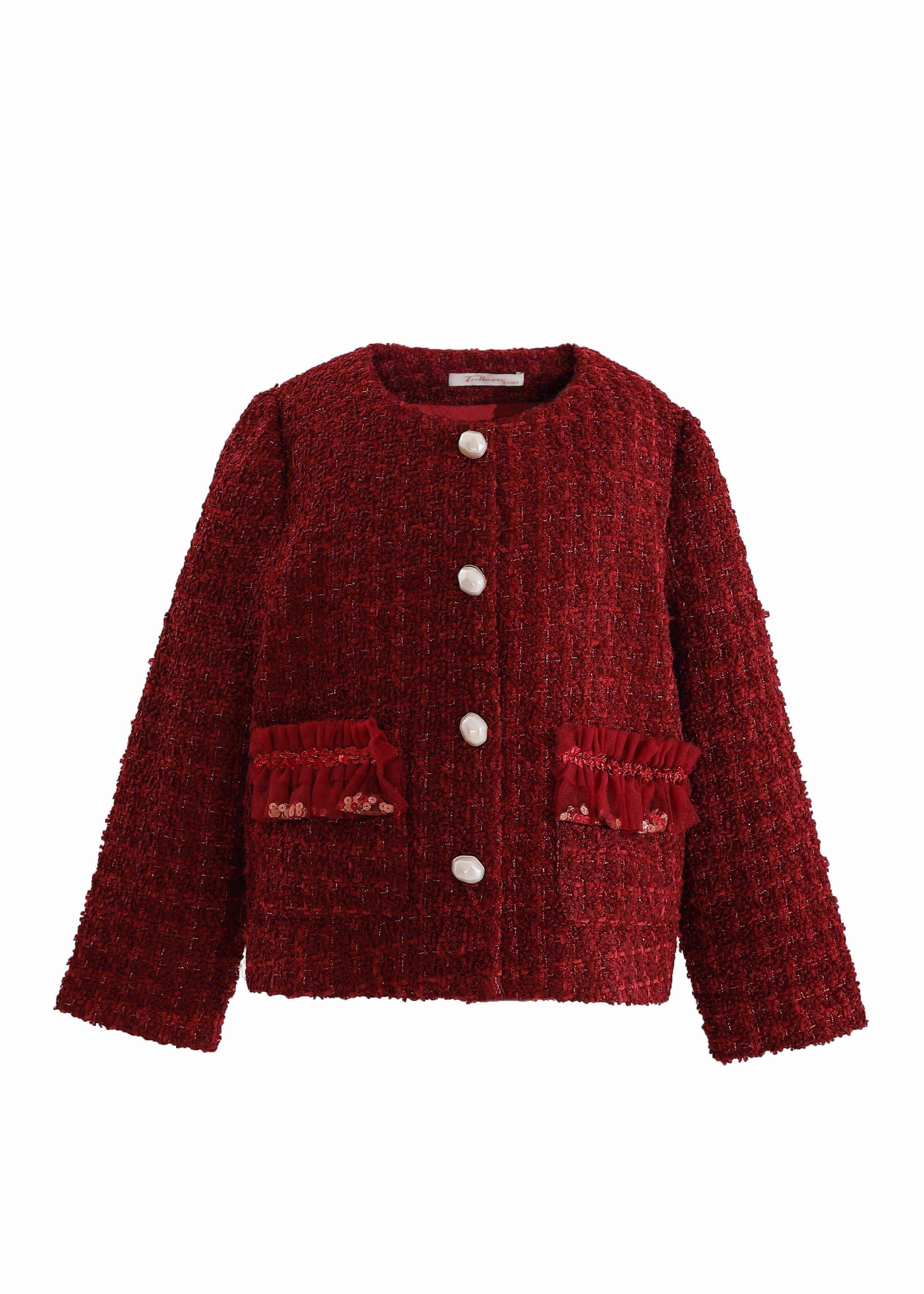 Tulleen Kids'  Tweed Button-up Jacket In Red