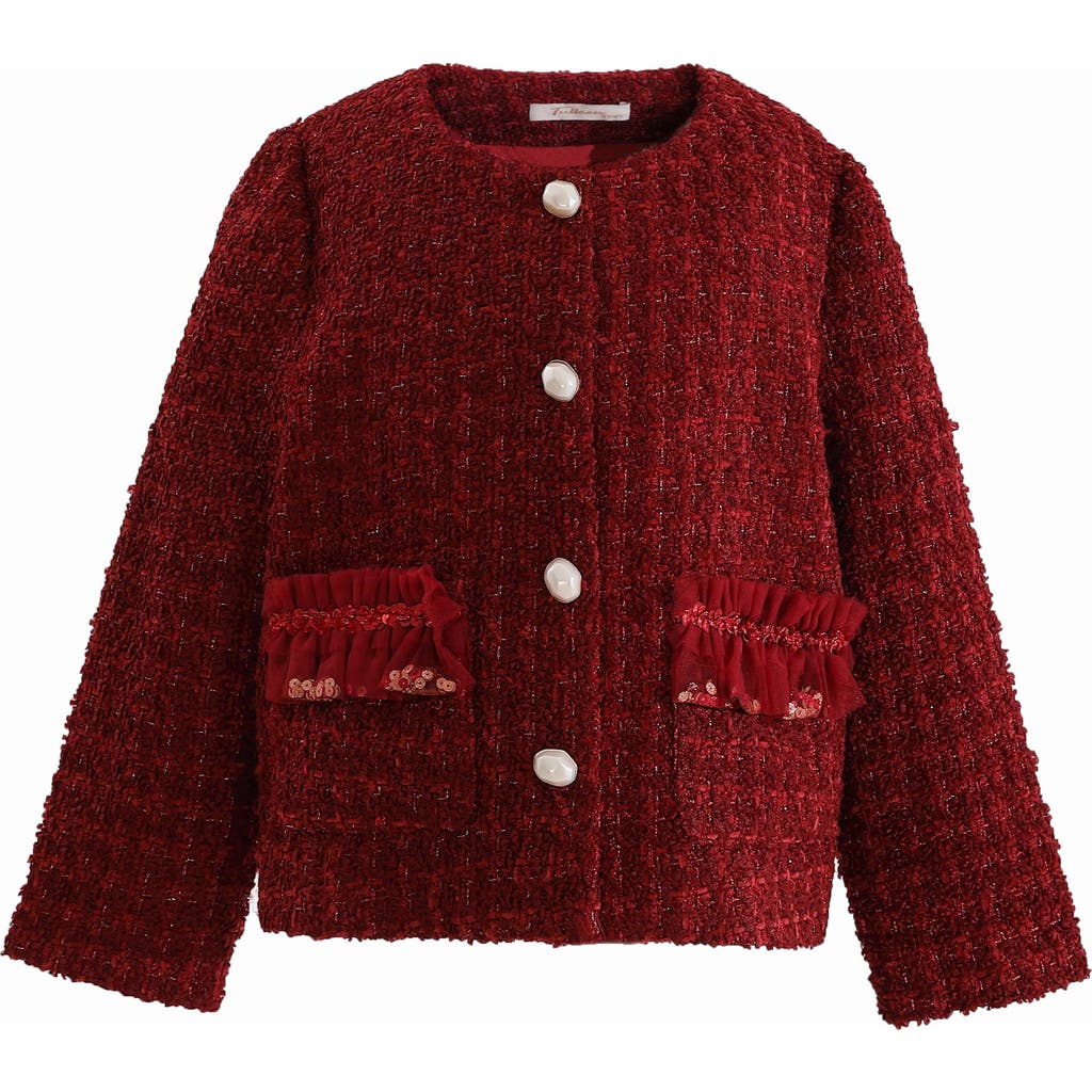 Tulleen Kids' Tweed Button-up Jacket In Red
