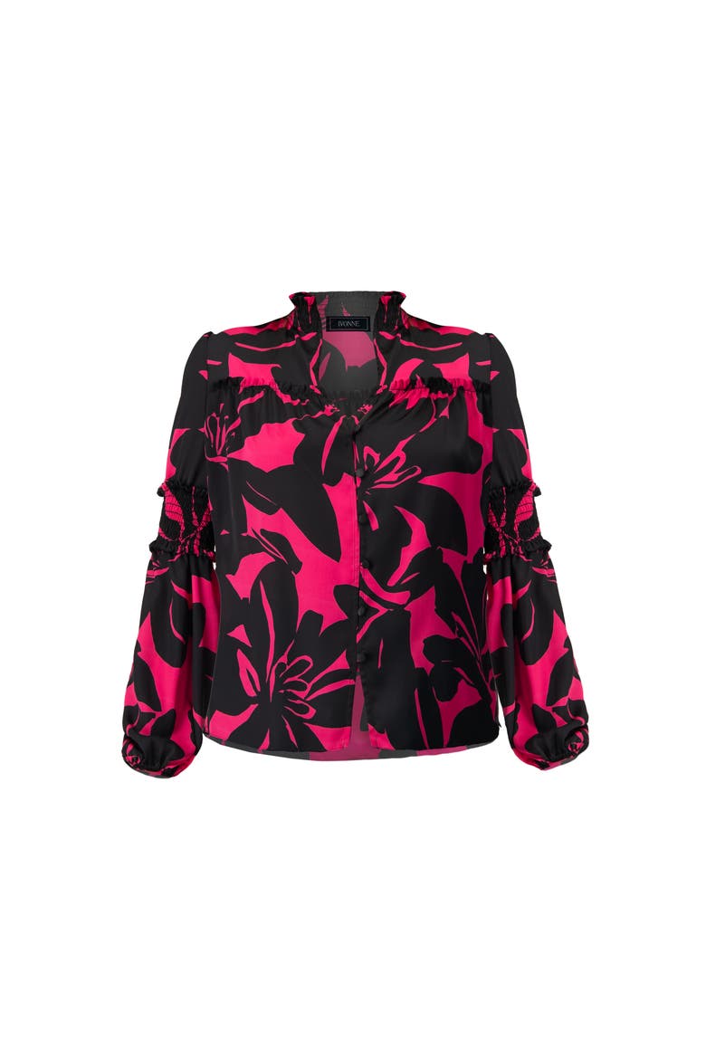 Long Sleeve Smocked Blouse with High Neck, Alternate, color, Fuchsia