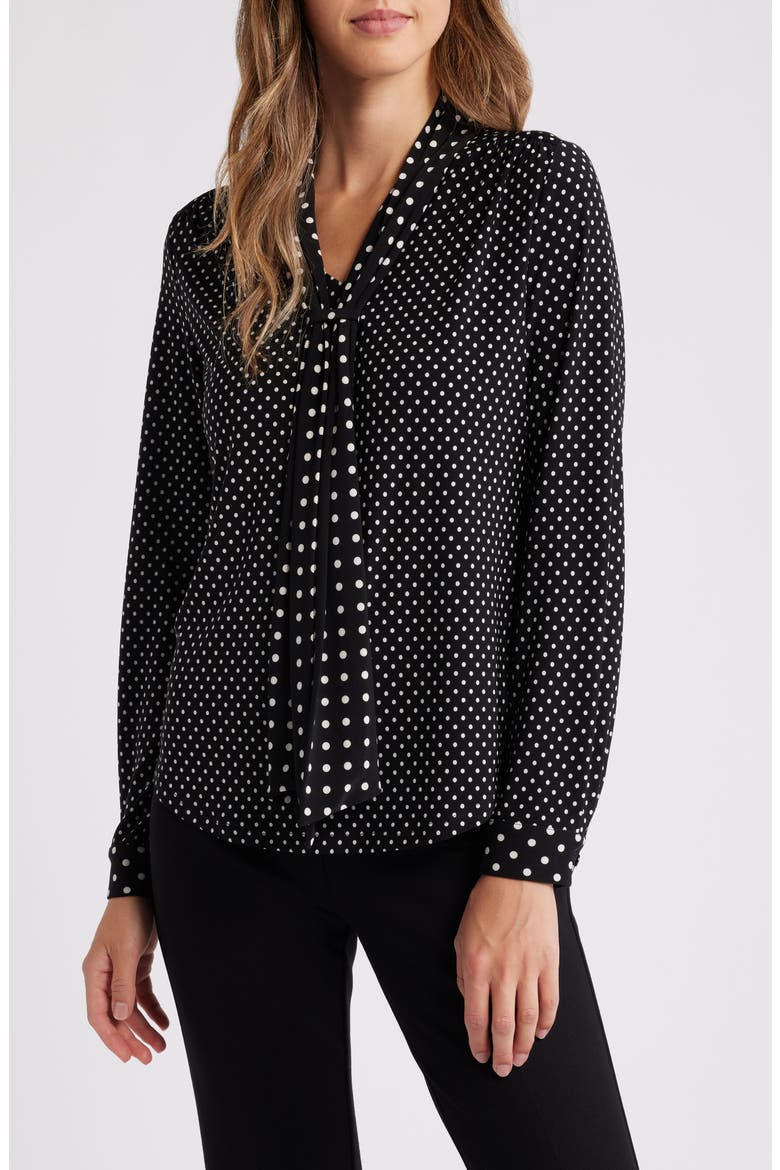 Polka Dot Tie Neck Long Sleeve Top, Main, color, ANNE BLACK/ ANNE WHITE