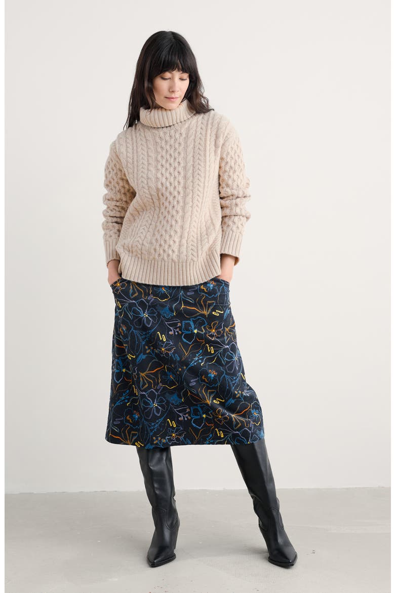 Forest View Floral Organic Cotton Corduroy A-Line Skirt, Alternate, color, DRAWN FLORAL MARITIME