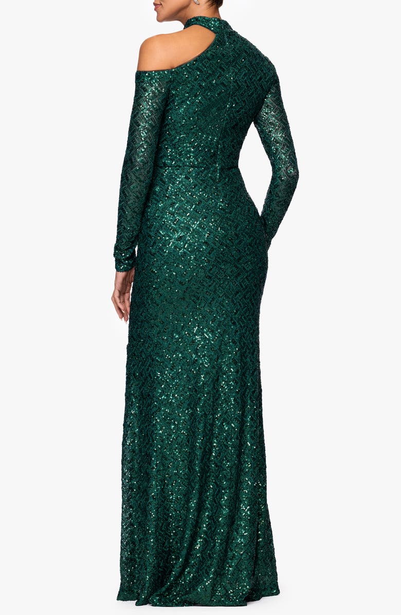 Xscape Evenings Sequin Cutout Long Sleeve Mermaid Gown, Alternate, color, Pine