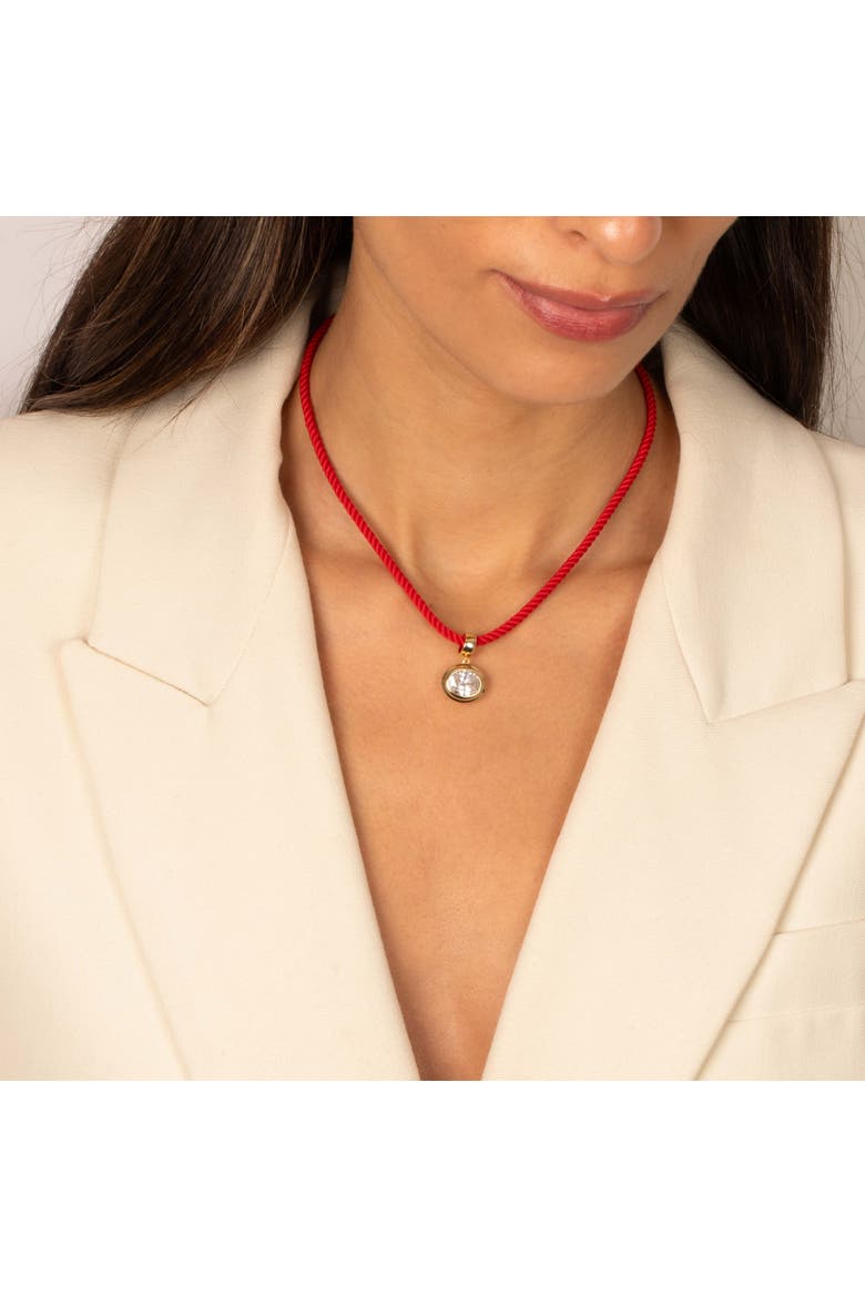 Colored CZ Oval Bezel Pendant & Twisted Cotton Rope Necklace, Alternate, color, Gold/Red