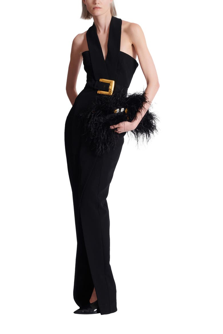 Long crepe dress with belt, Alternate, color, black