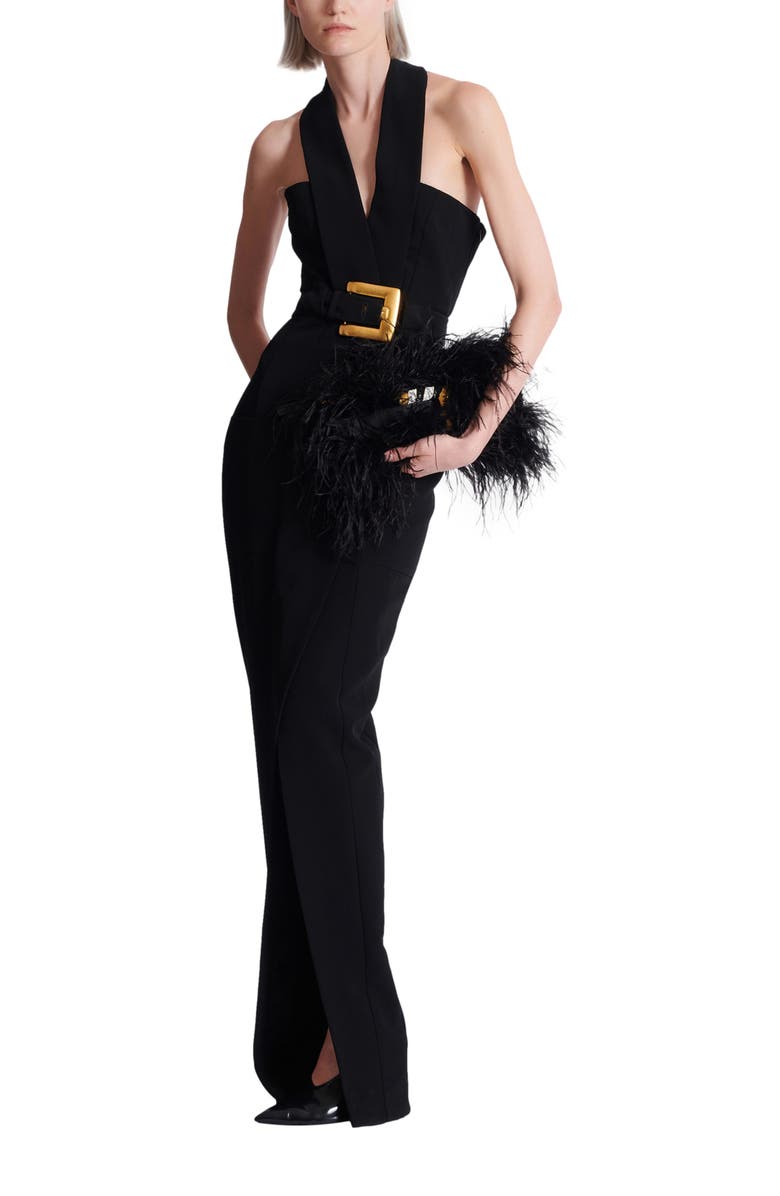 Balmain Long crepe dress with belt, Alternate, color, Black