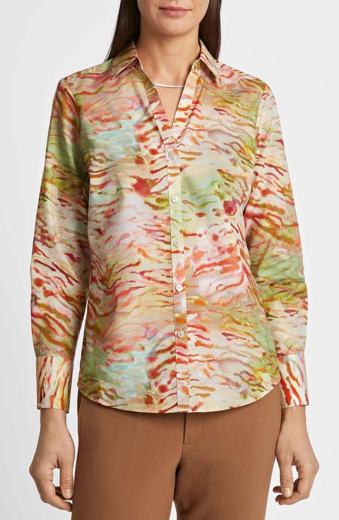 Mary Watercolor Zebra Cotton Button-Up Shirt
