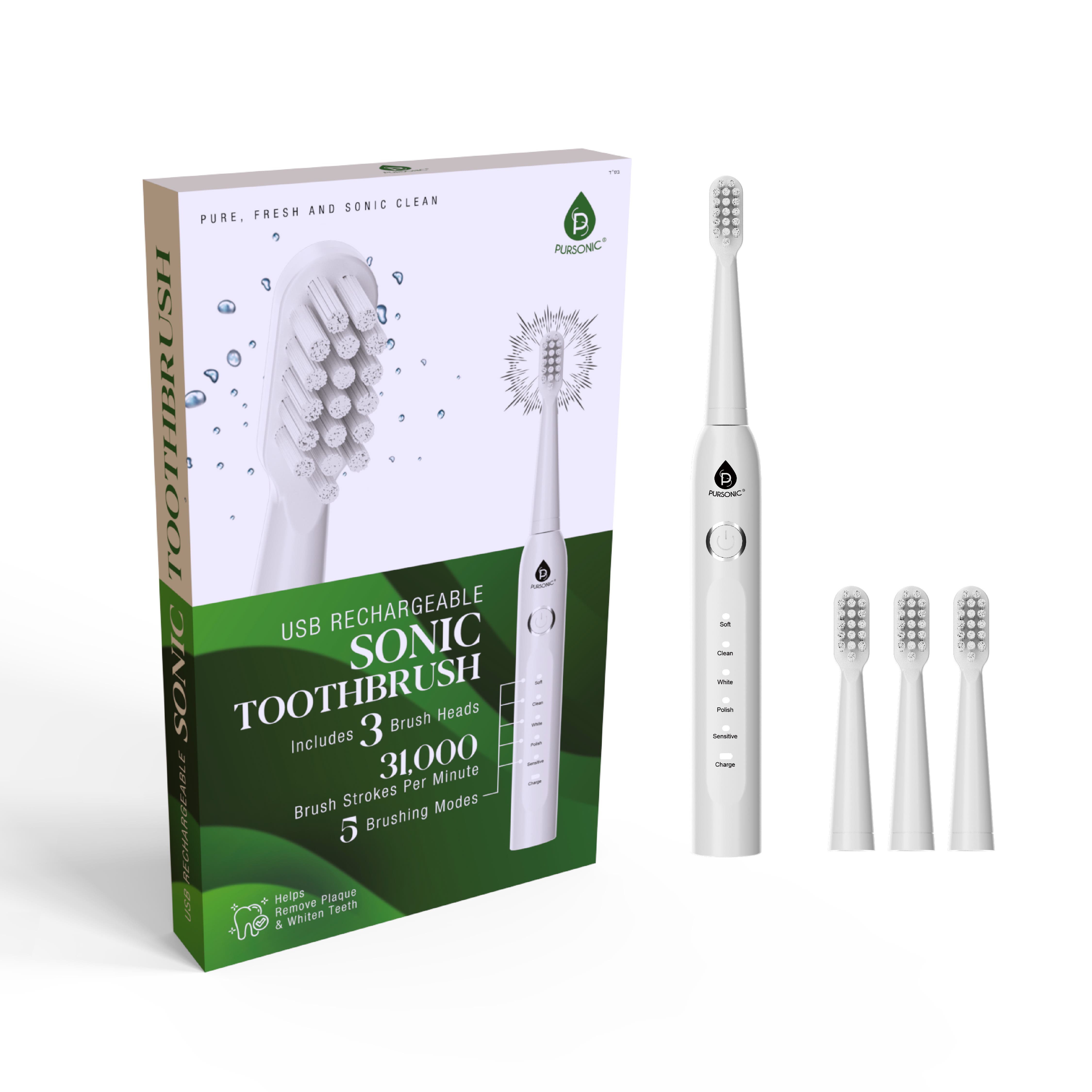Pursonic Usb Rechargeable Electric Toothbrush - Advanced Cleaning For A Healthier Smile In White