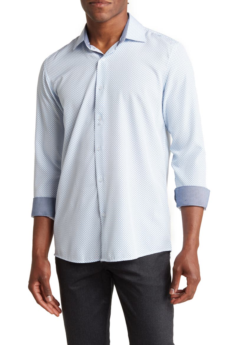 Slim Fit Geometric Print Performance Button-Up Shirt, Main, color, WHITE