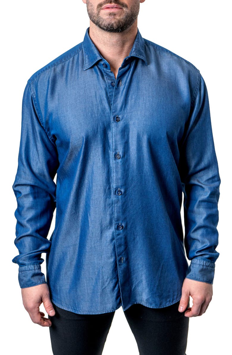 Maceoo Fibonacci Shiny Denim Blue Button-Up Shirt, Main, color, Blue