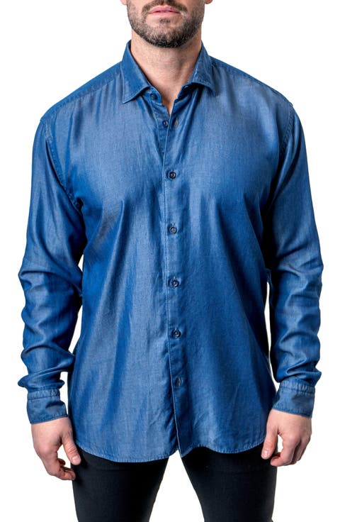 Fibonacci Shiny Denim Blue Button-Up Shirt
