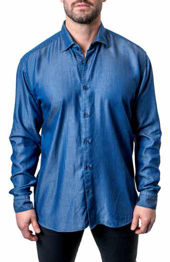 Maceoo Fibonacci Shiny Denim Blue Button-Up Shirt