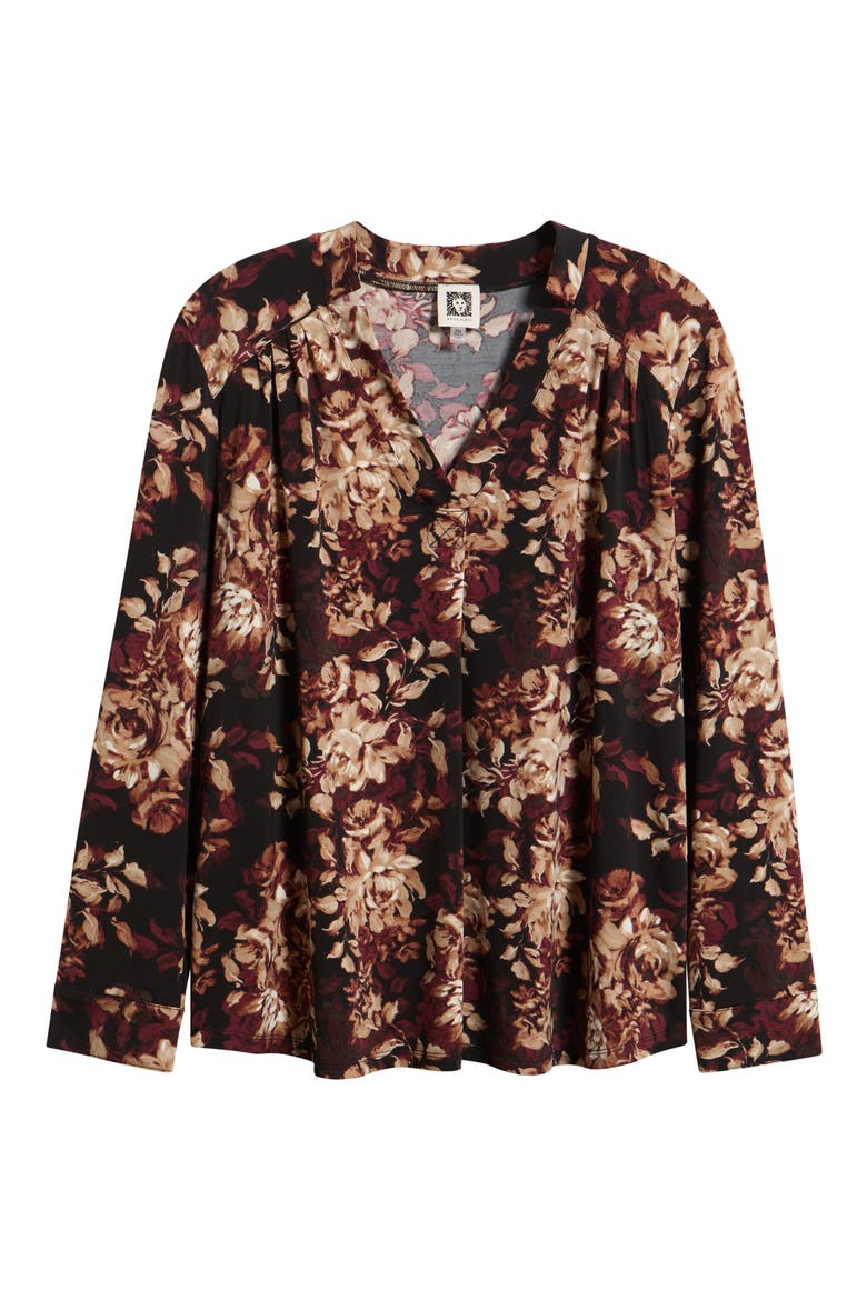 Printed Notched V-Neck Long Sleeve Top, Alternate, color, ANNE BLACK MULTI
