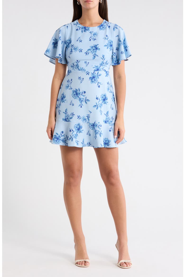 Floral Print Ruffle Hem Dress, Main, color, BLUE