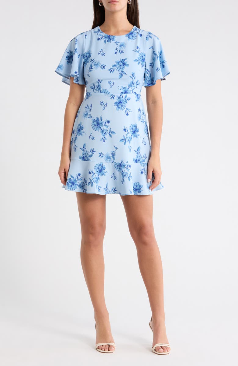 SUGARLIPS Floral Print Ruffle Hem Dress, Main, color, Blue