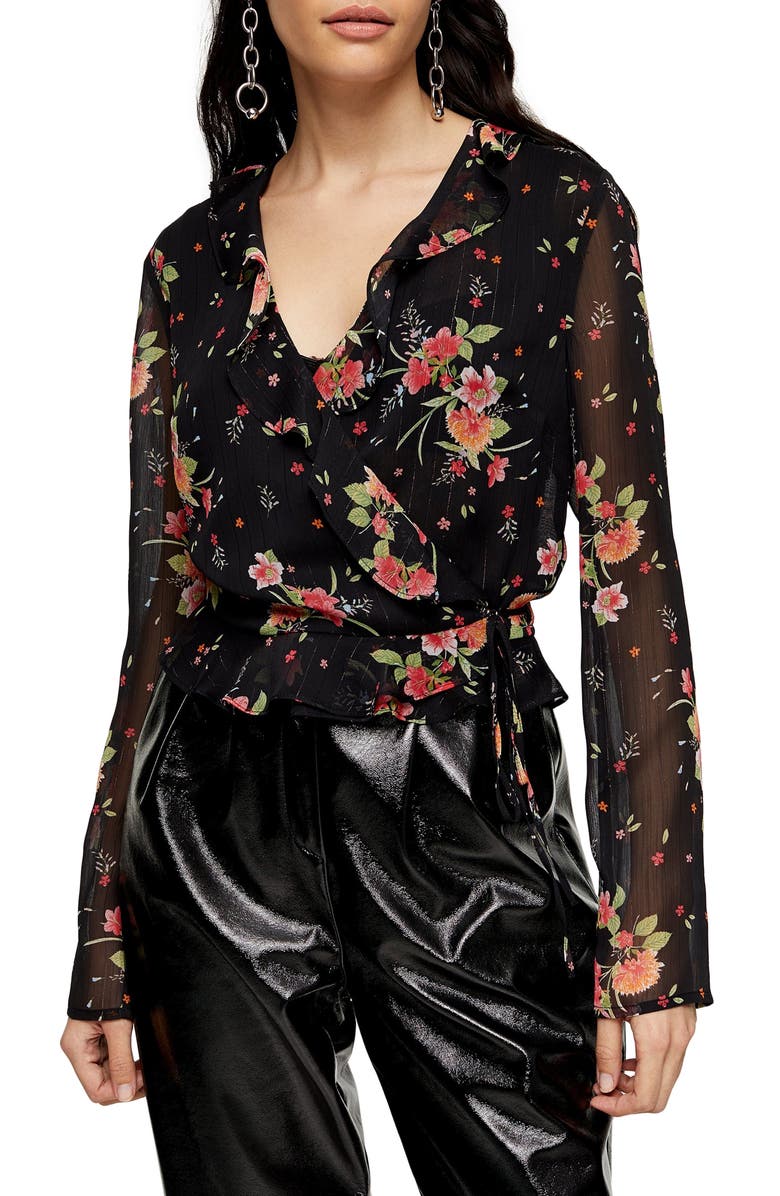 Topshop Floral Print Sheer Wrap Blouse, Main, color,