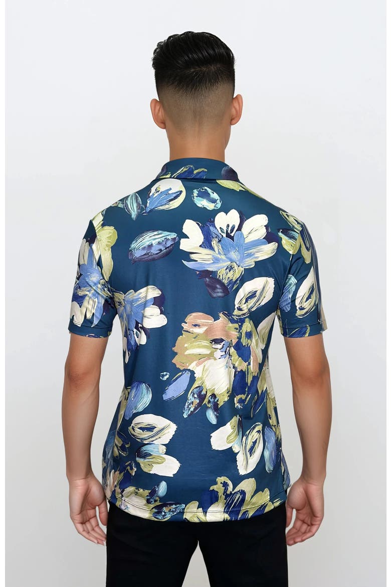 Wrinkle Resistant 3 Button Blue Floral Polo Shirt, Alternate, color, Blue Multi