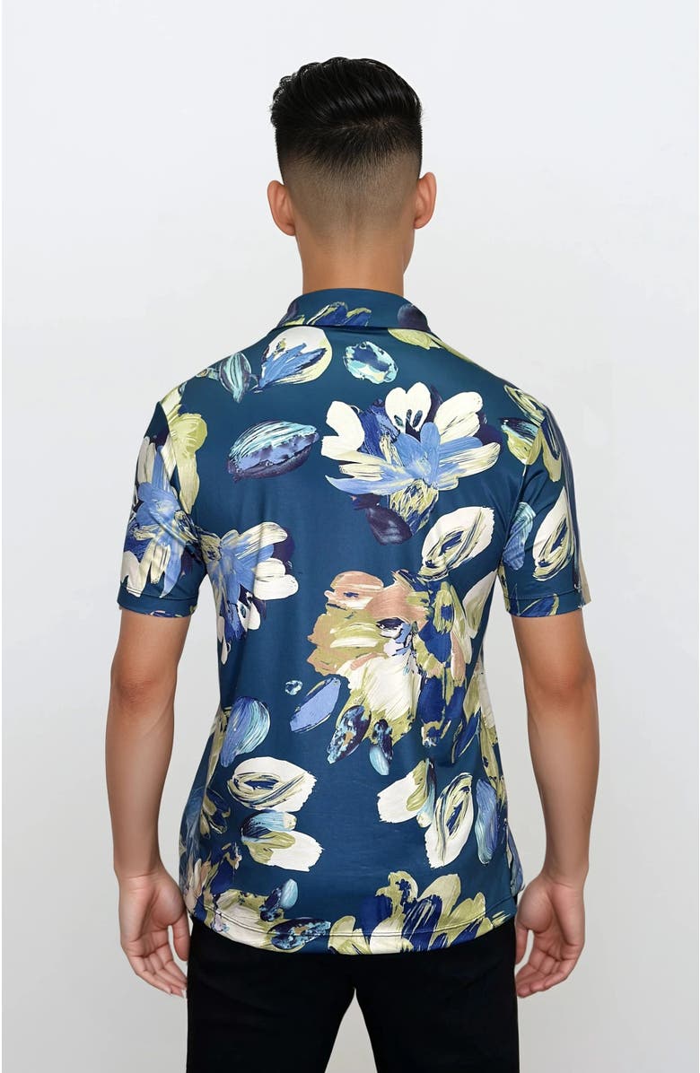 24sevenMen Wrinkle Resistant 3 Button Blue Floral Polo Shirt, Alternate, color, Blue Multi