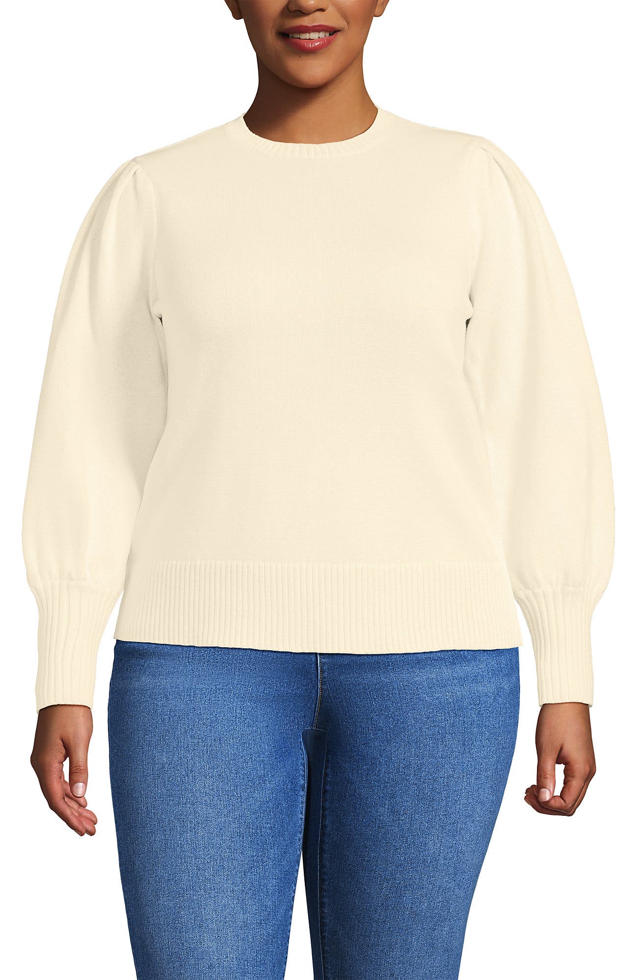 Plus Size Drifter Puff Sleeve Jacquard Crew Neck Sweater - image 3