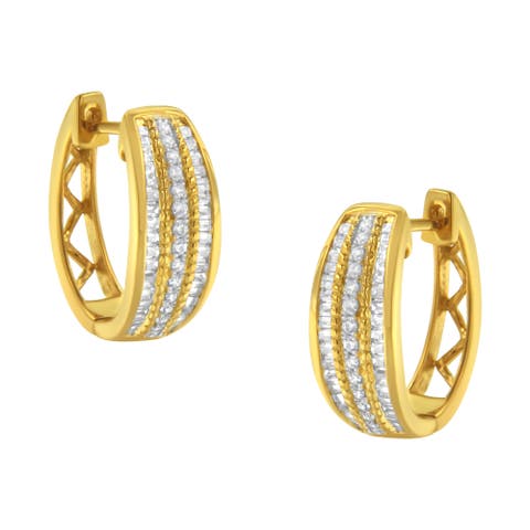 10K Yellow Gold 3/4 Ct Pave and Channel Diamond Triple Row Modern Hoop Earrings