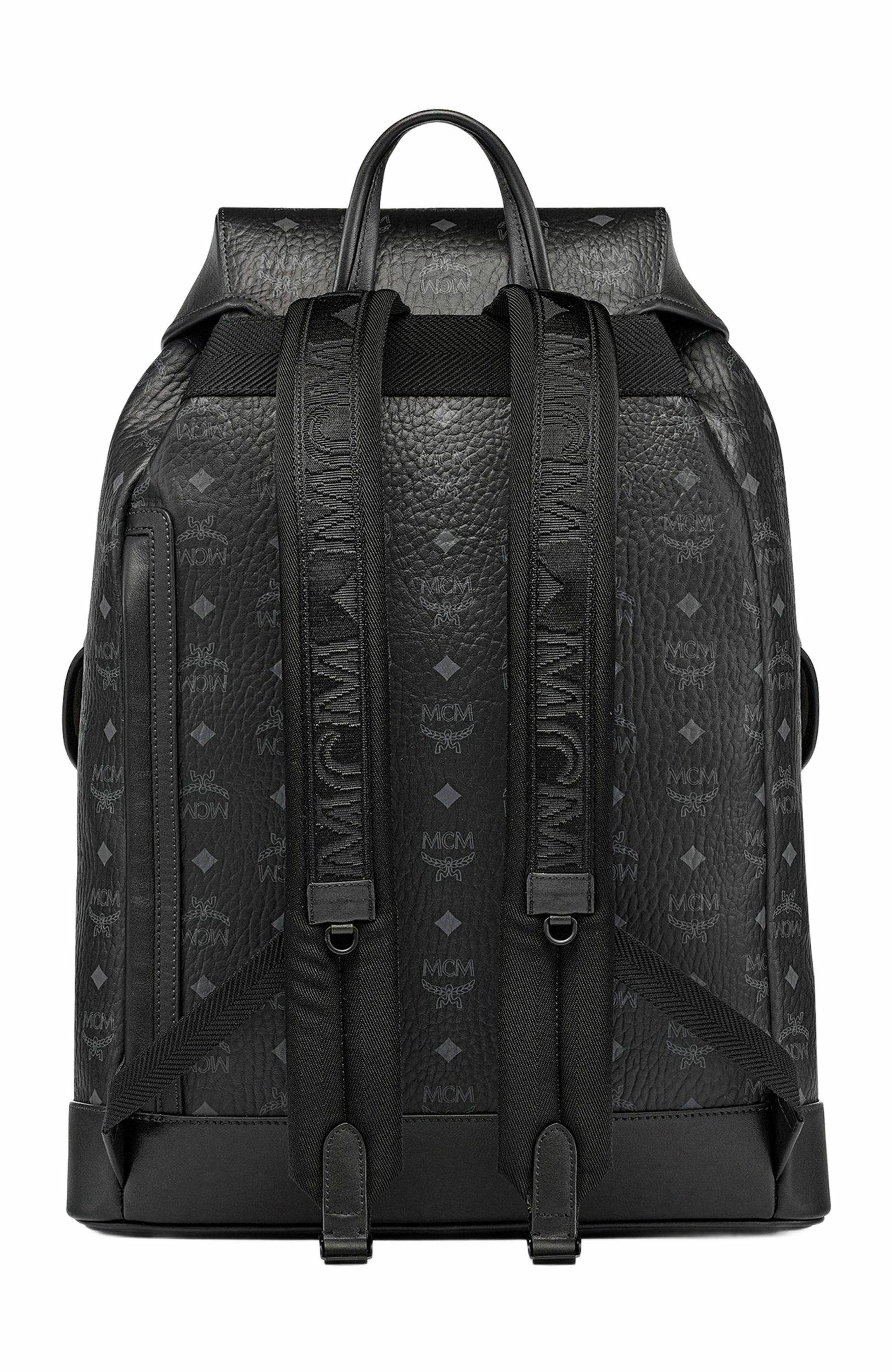 brandenburg backpack in monogram leather MCM Canvas Nappa Cubic Medium Black White 1832229 including robust buckle closures and leather drawstring fastening for steadfast security. Brandenburg Backpack in Visetos (Men)