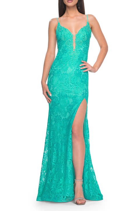 Lace Dress with Deep V-Neck and Rhinestones