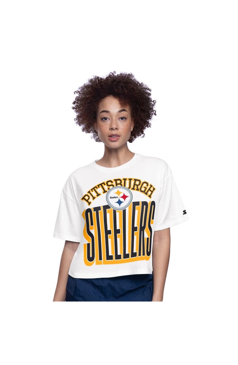 STARTER Women's Starter  White Pittsburgh Steelers Play the Ball Boxy Cropped T-Shirt, Main, color, 
