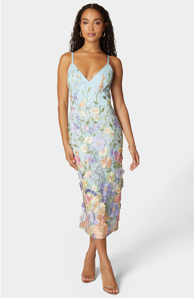 bebe Floral Embroidered Sheath Midi Dress, Main, color, 