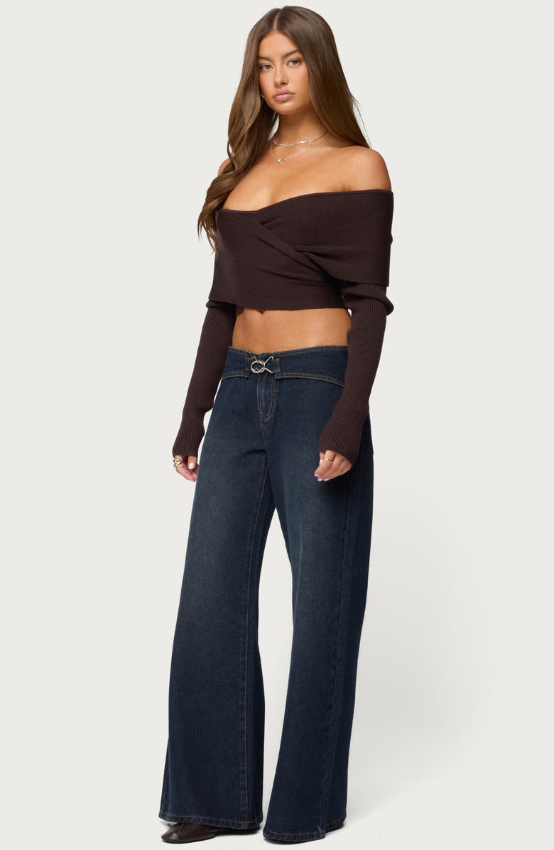 EDIKTED Paulina Off the Shoulder Wrap Sweater, Alternate, color, Brown