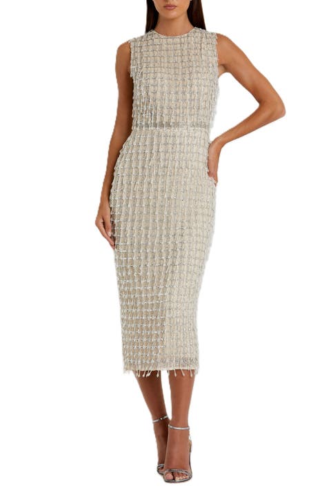 Beaded Fringe Black Sleeveless Midi Dress