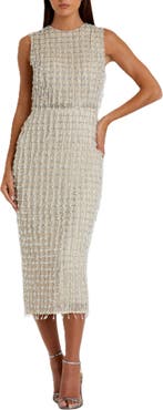 Mac Duggal Beaded Fringe Black Sleeveless Midi Dress