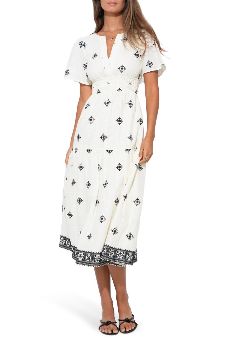 Elani Embroidered Cotton Midi Dress, Alternate, color, IVORY/ BLACK