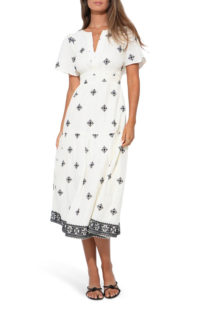 Adelyn Rae Elani Embroidered Cotton Midi Dress, Alternate, color, Ivory/ Black