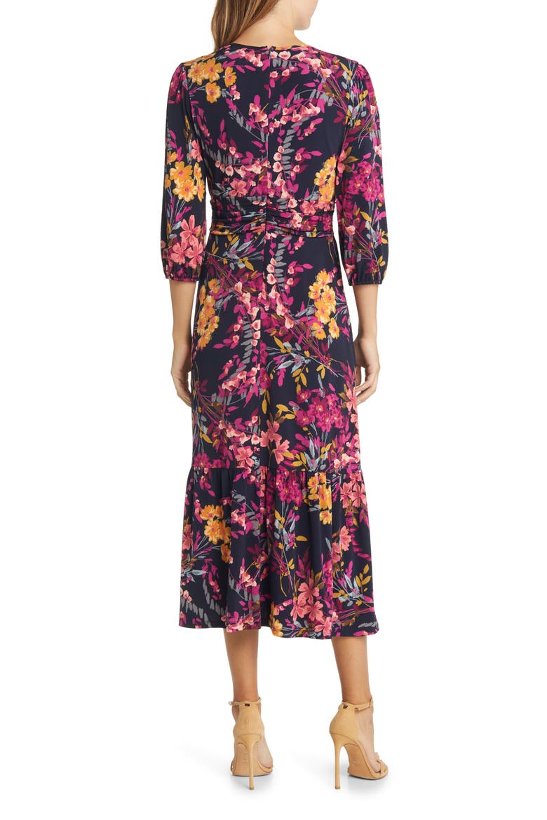 Floral Print Ruched Midi Dress, Alternate, color, DARK NAVY/ DUSTY CORAL