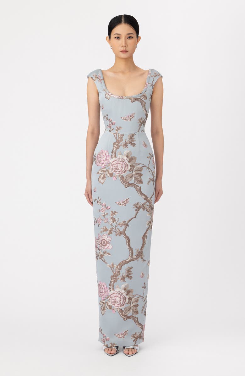 SAU LEE Brooke Floral Brocade Column Gown, Alternate, color, Blue Ash