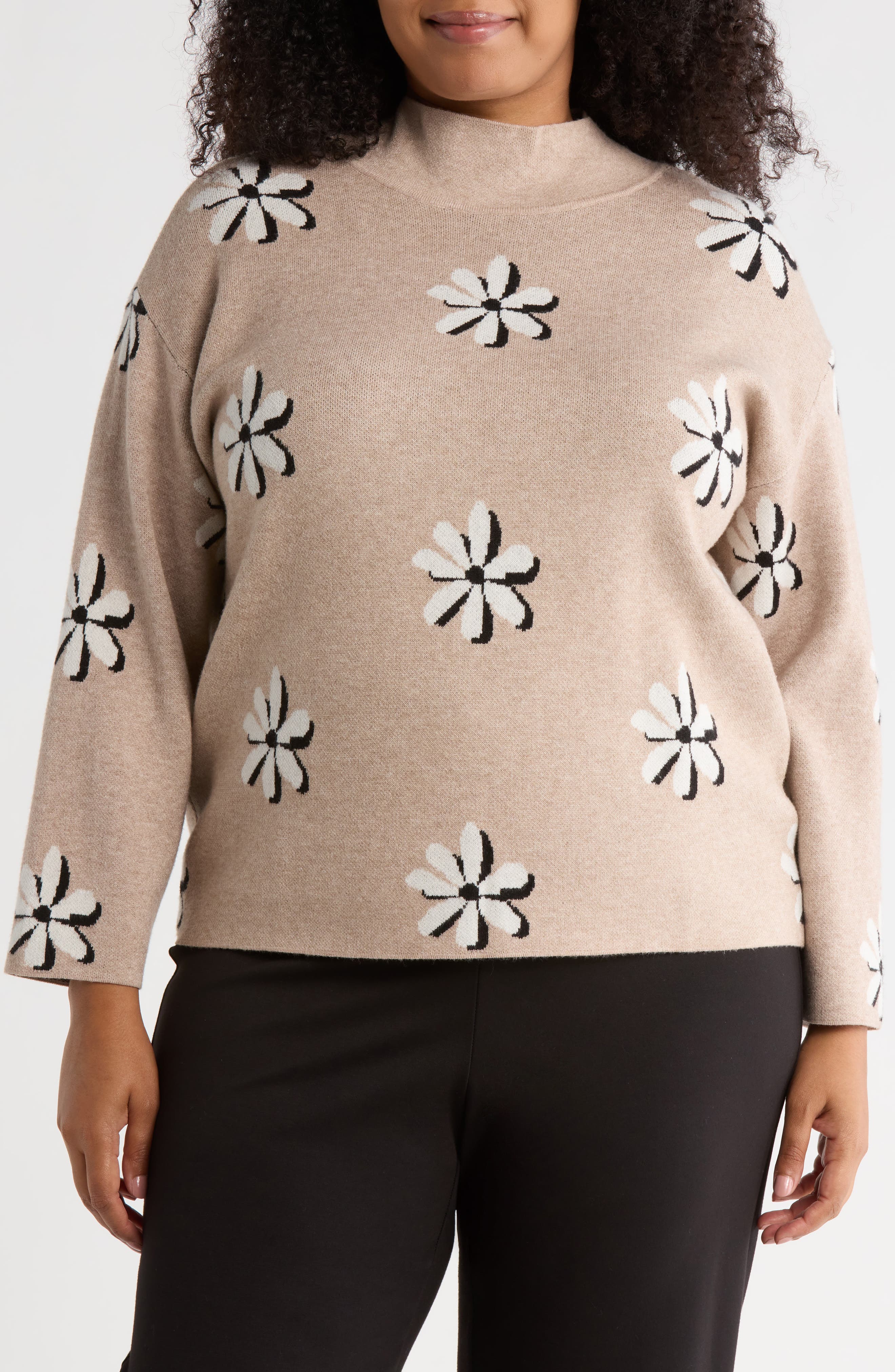 T Tahari Floral Mock Neck Sweater