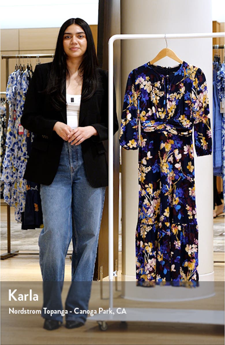 Floral Print Tie Neck Ruffle Hem Midi Dress, sales video thumbnail