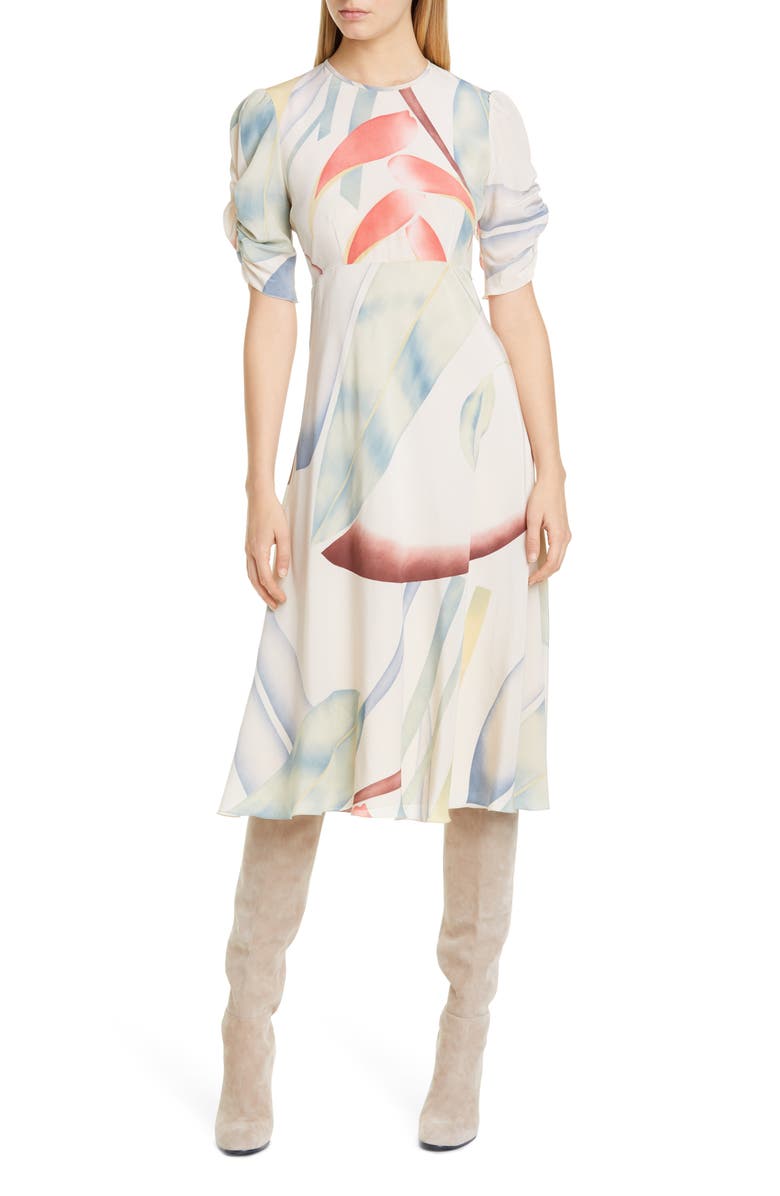 Etro Watercolor Leaf Print Silk Midi Dress, Main, color,