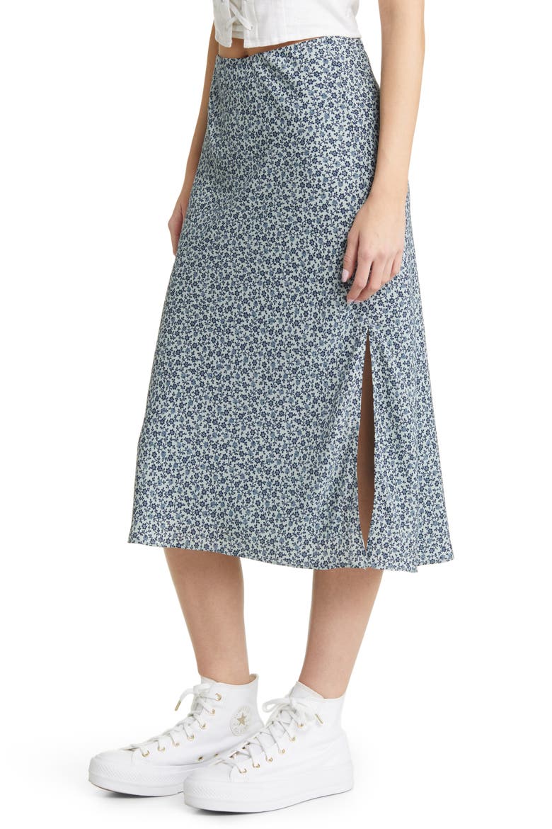 Floral Print Side Slit Midi Skirt, Alternate, color, GREEN- BLUE CALICO DITSY