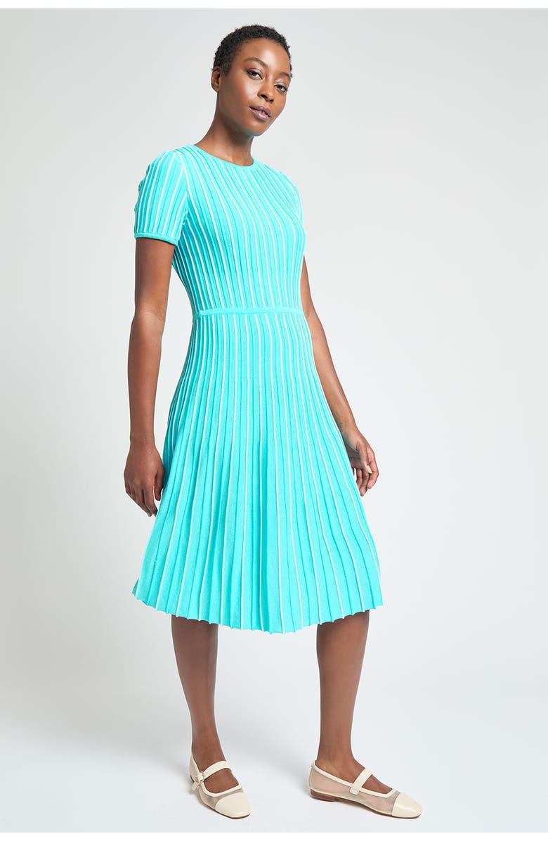 6010 Modern Fit Jewel Neck Striped Flare Soft Knit Dress, Alternate, color, Calypso Blue/White
